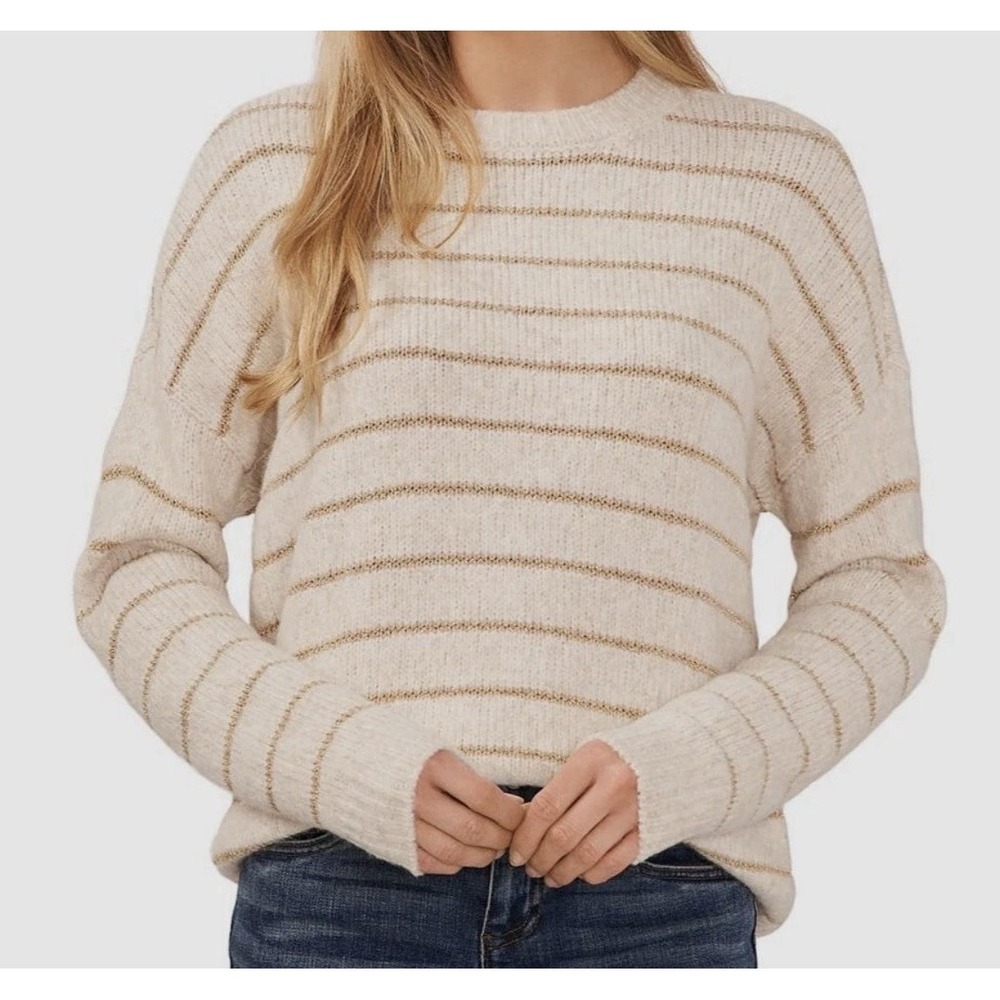CeCe Tan Gold Metallic Stripe Crewneck Alpaca Wool Sweater SZ SM NWT